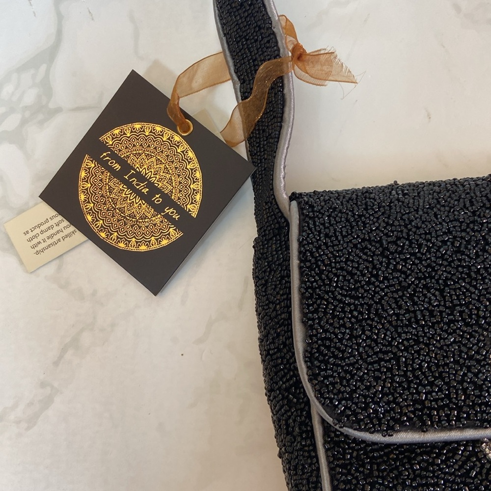 New Trending Halloween Viral Made in India Black Silver Beaded Bag Skull Bones - Picture 3 of 7
